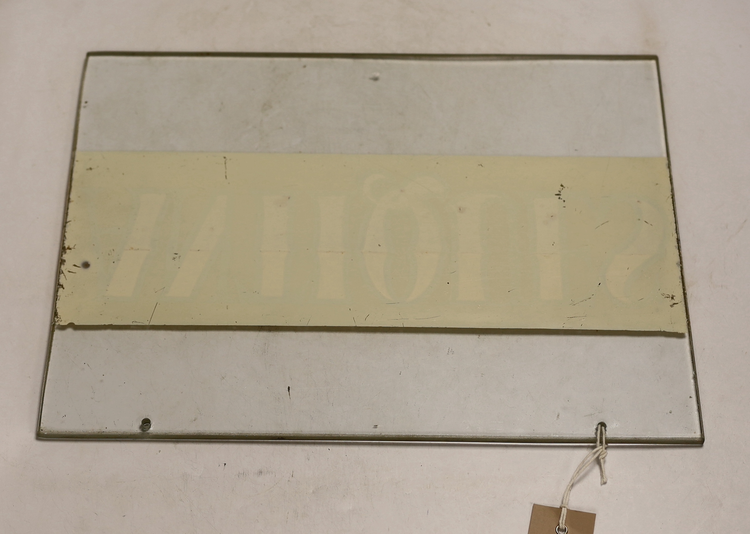 A pair of reverse painted glass 'antique' signs, 28 x 38cm